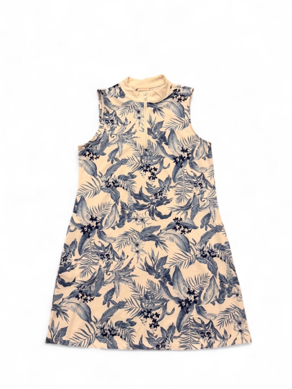 Tommy Bahama quarter zip Sleeveless Tropical Print Shift Dress in Peach and Navy